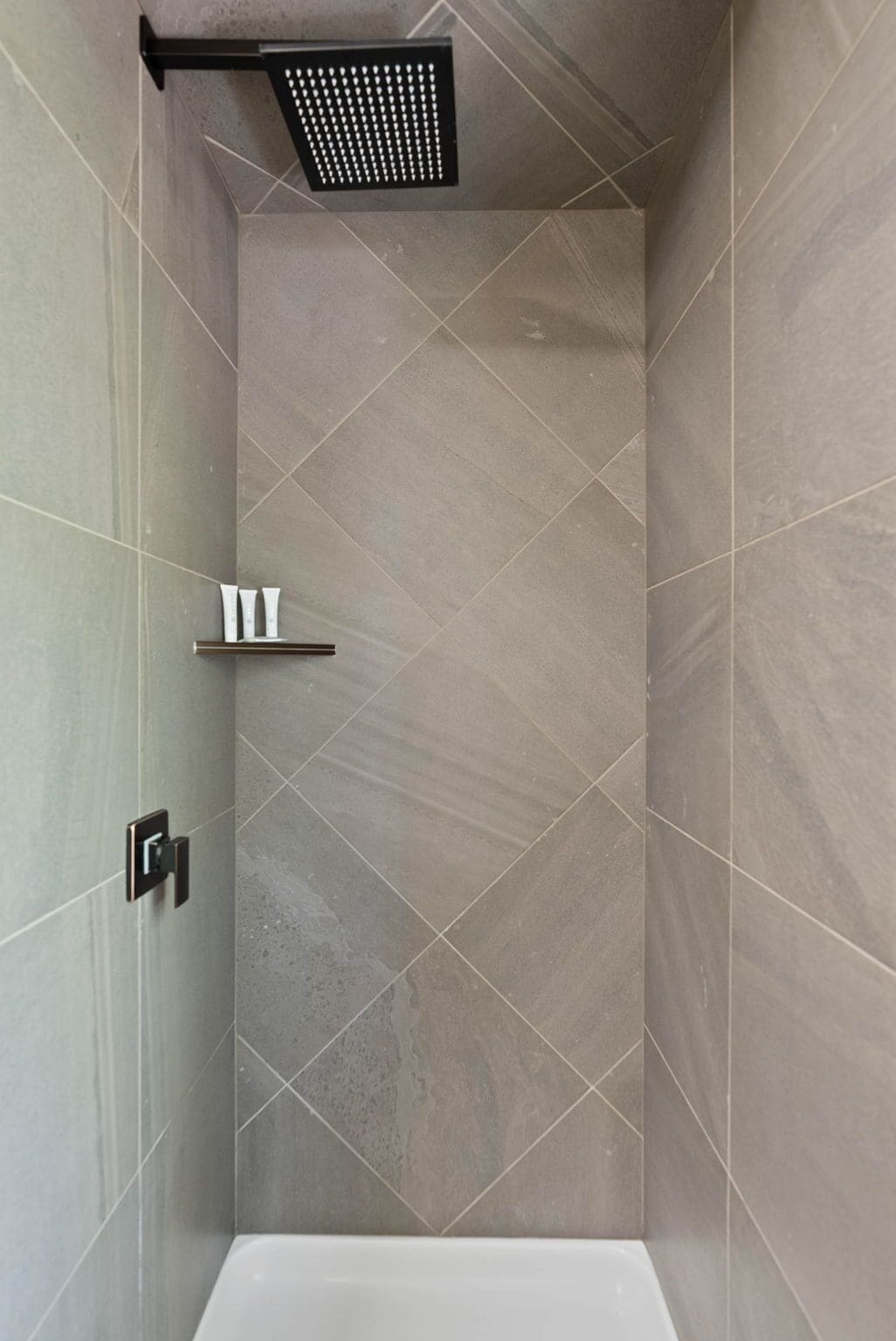 A shower area with a black showerhead, a shelf with toiletries, and a control panel.
