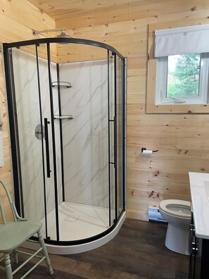 Regadera, secadora de cabello, papel de baño 