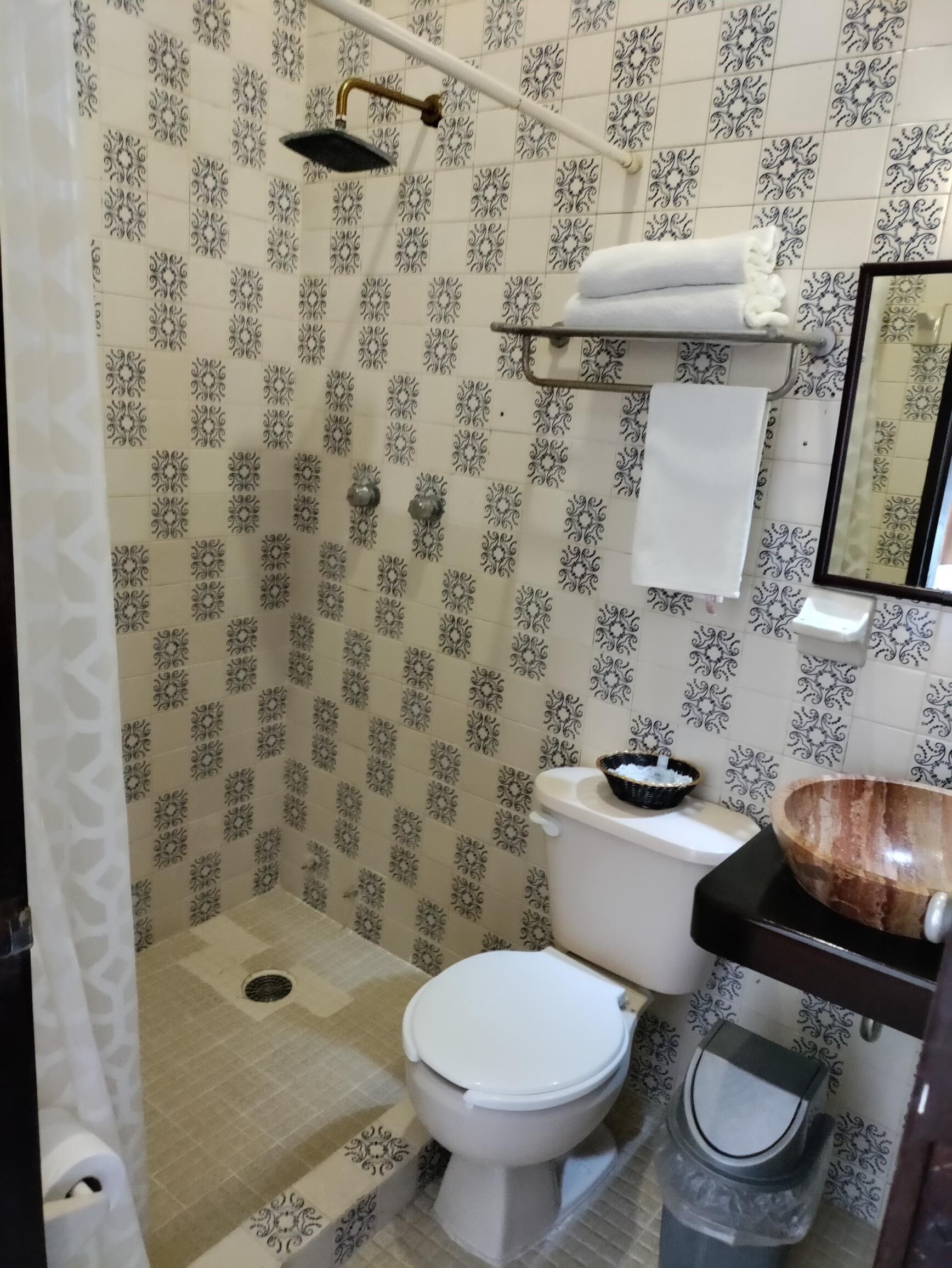 A bathroom with a shower, toilet, and sink.