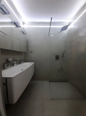 Shower, towels, soap, toilet paper