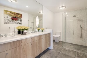 Douche, séchoir à cheveux, serviettes fournies