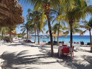 A beach with palm trees, lounge chairs, and a pool area. - Beautiful villa on Blue Bay (Sint Michiel)
