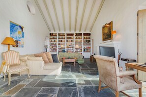 Télévision, cheminée, lecteur de DVD, livres