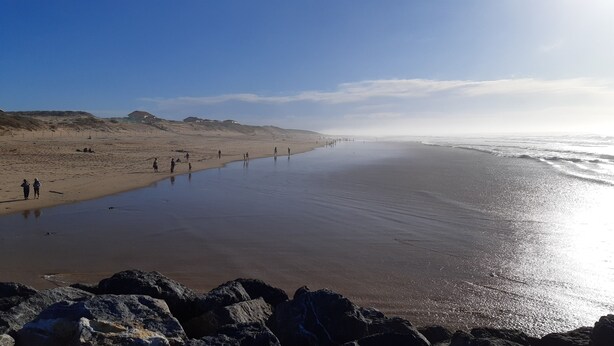 A beach with a long stretch of sand, rocky outcrops in the foreground, and a clear sky.