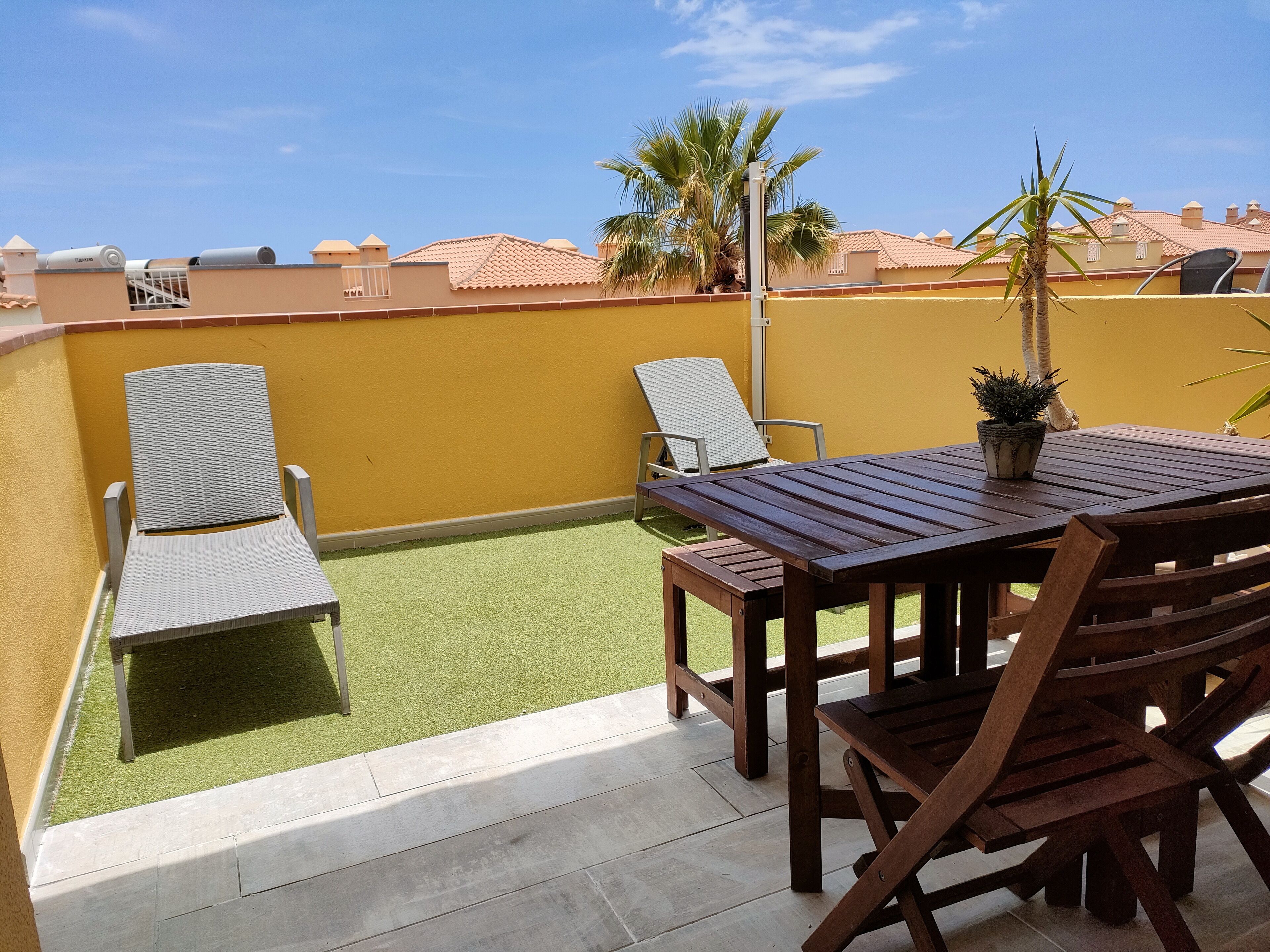 A patio with a wooden table and chairs, a small potted plant, and a green artificial turf area.