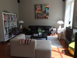 Televisión, chimenea, libros y estéreo 