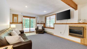 Smart TV, fireplace, books