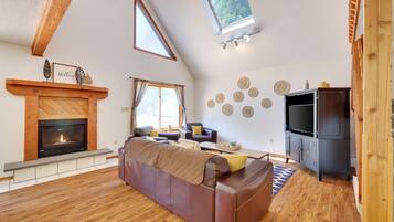 Smart TV, fireplace, books