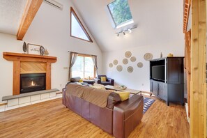 Smart TV, fireplace, books