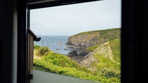Un paysage côtier avec des falaises et un sentier menant à la mer.