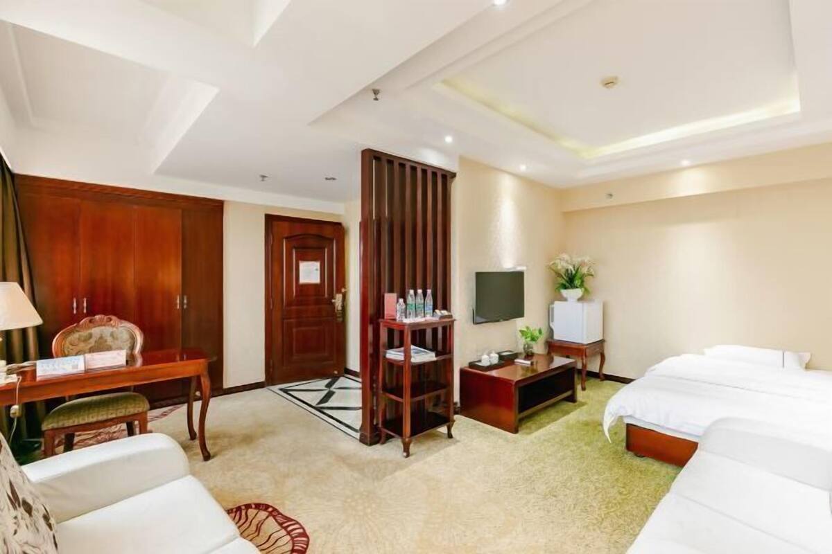 Quarto de hotel com cama, escrivaninha, cadeira, televisão e uma planta decorativa.