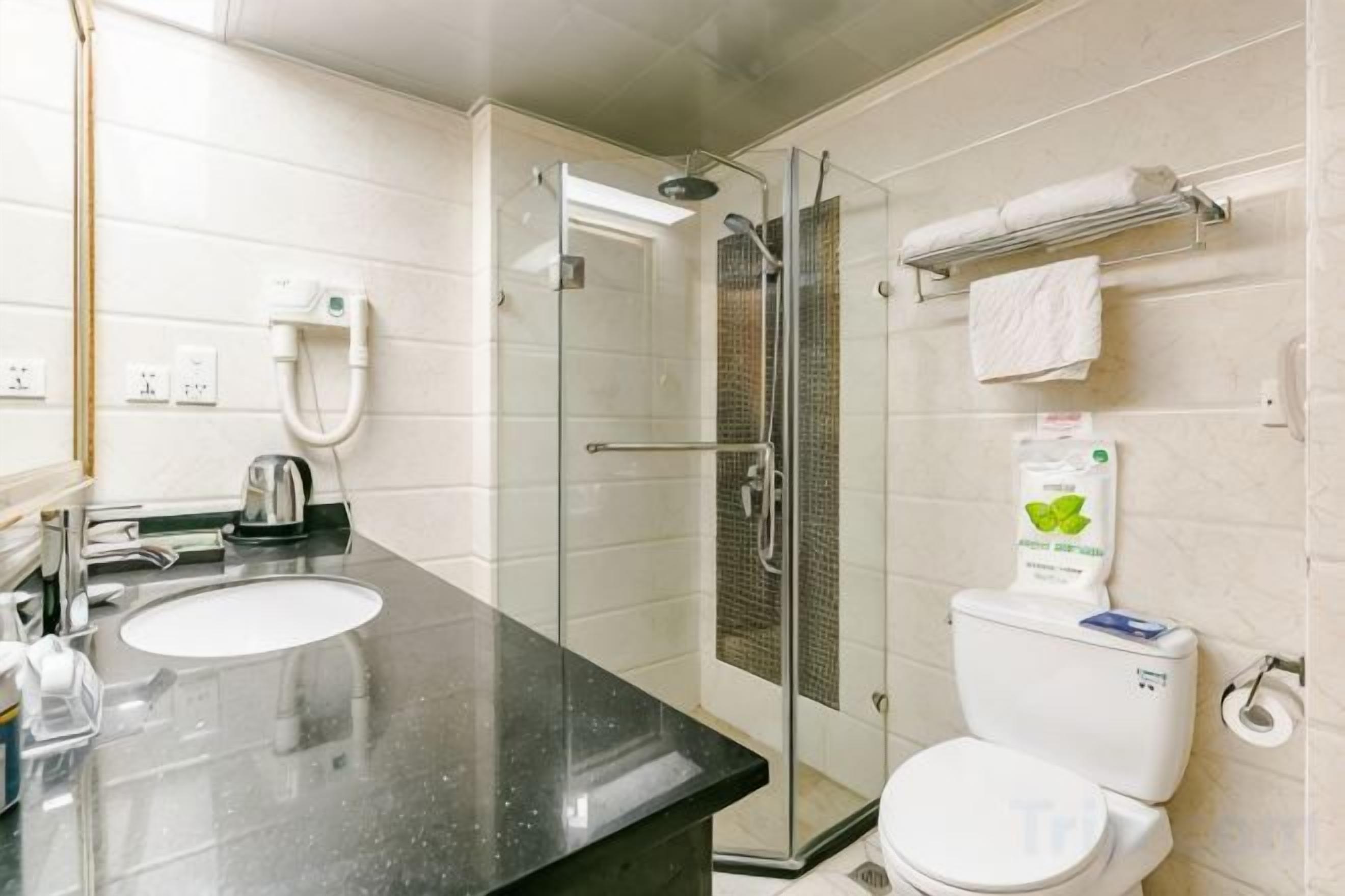 A bathroom with a glass-enclosed shower, a white toilet, and a black countertop sink.