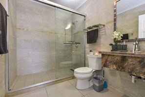 Shower, hair dryer, towels, soap