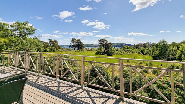 Una terraza de madera con barandilla que da a un paisaje verde exuberante y una masa de agua.