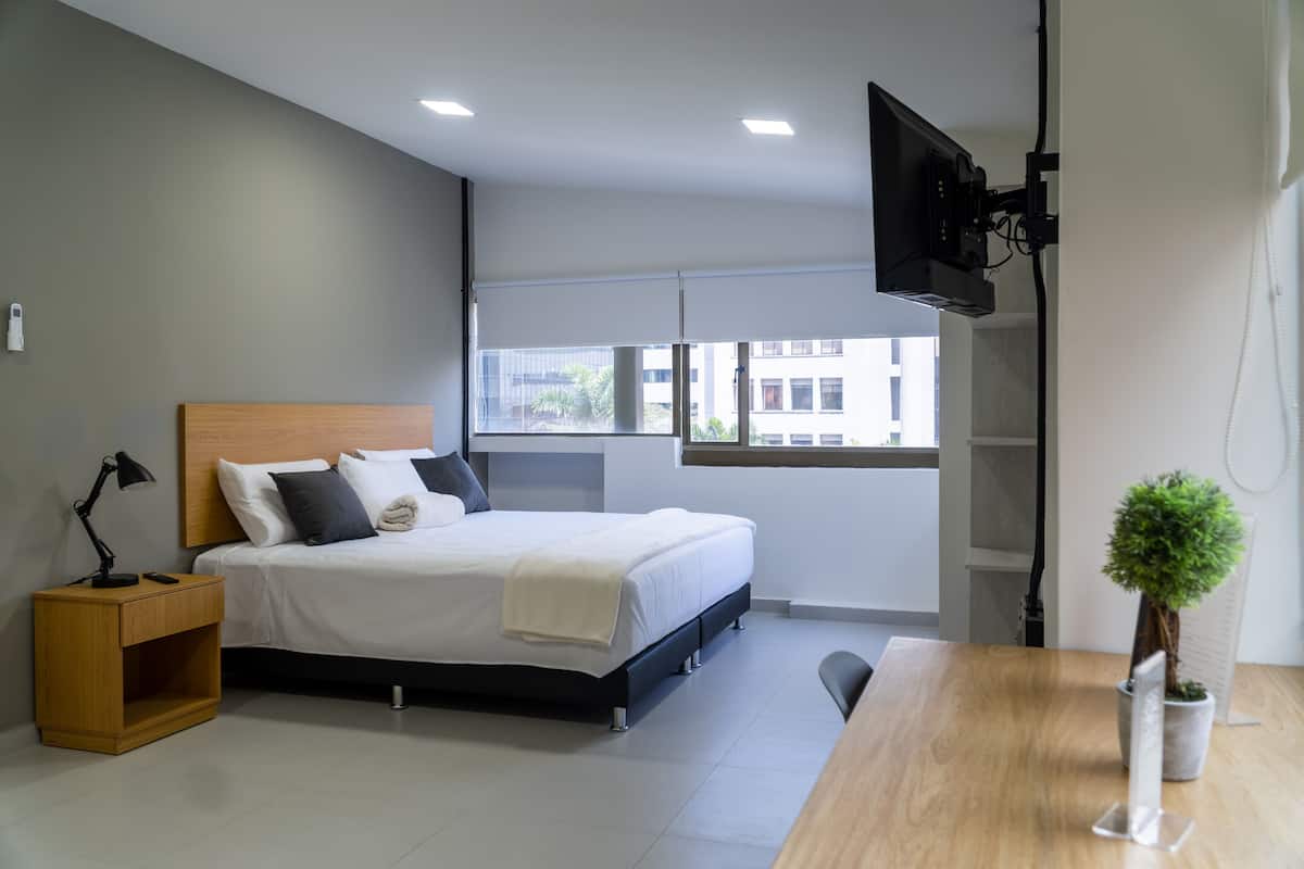 Une chambre à coucher moderne avec un lit, une table de chevet, une lampe, un téléviseur et une petite plante en pot.
