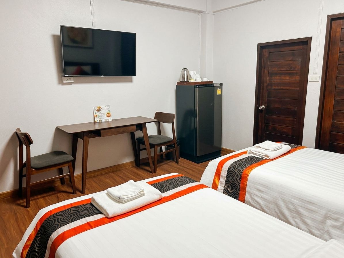 A hotel room with two beds, a desk, a chair, a television, a refrigerator, and a door.