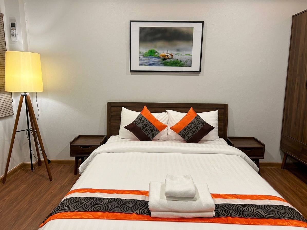 Ett hotellrum med en säng, ett sängbord, en lampa och en inramad tavla på väggen.
