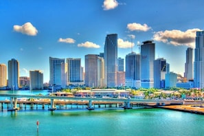 A city skyline with modern high-rise buildings, a waterfront, and a bridge. - The Romantic Bird House | A Storybook Garden Retreat (Homestead)
