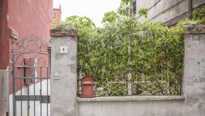 A gated entrance with a metal gate, a mailbox, and a wall covered in climbing plants.