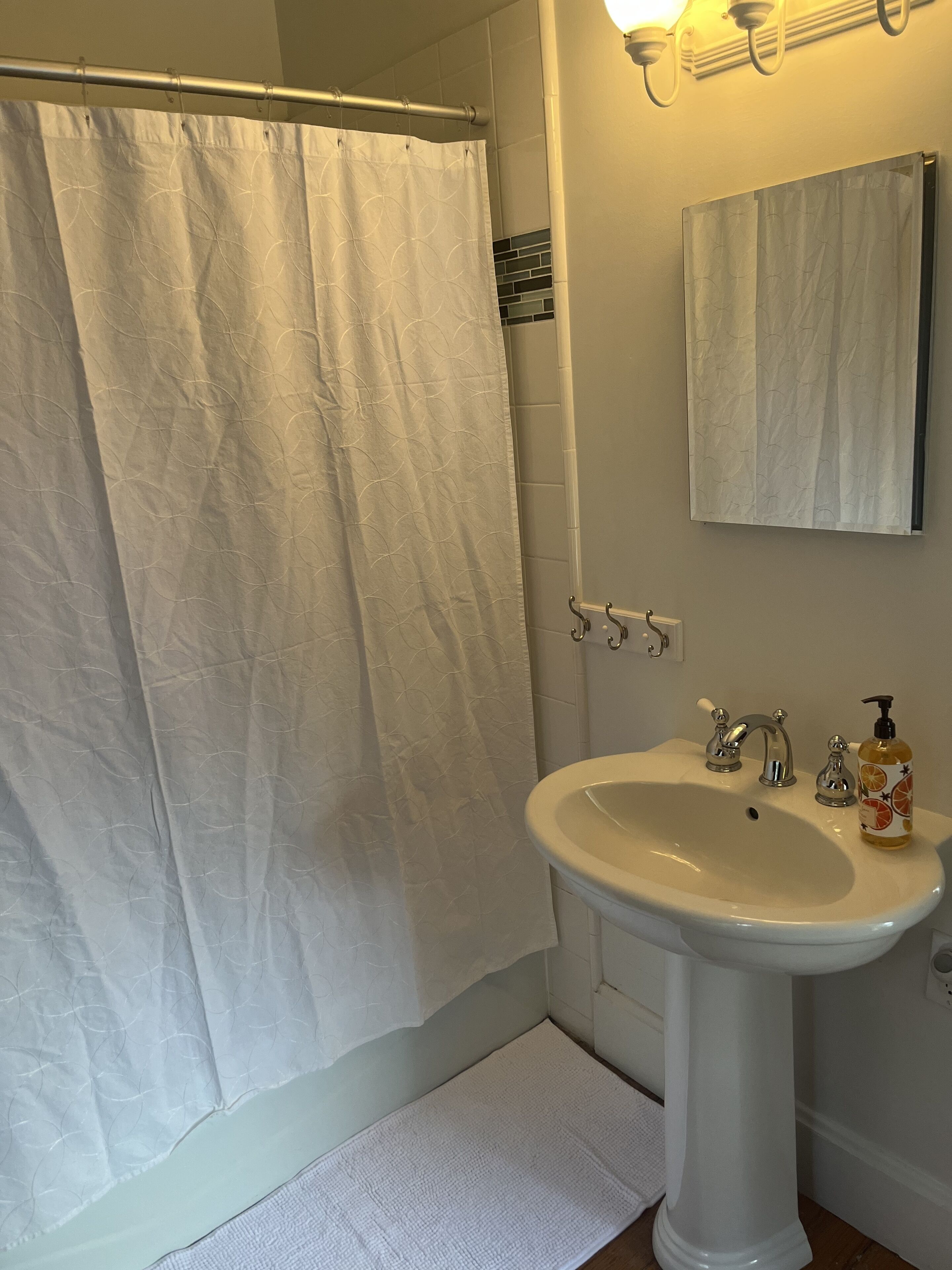 Hair dryer, towels, soap, shampoo