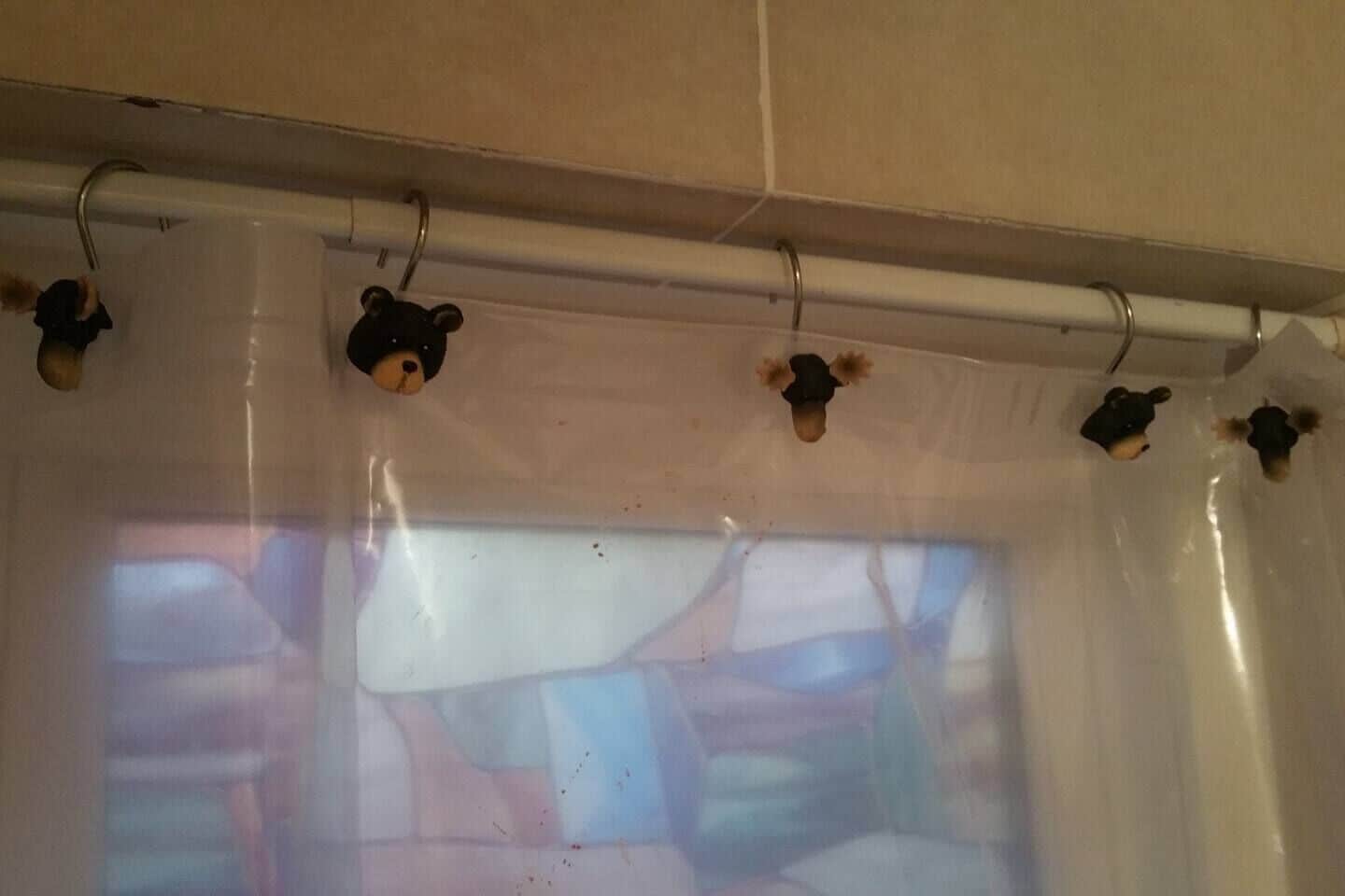 Bagno con tenda da doccia con pomelli a forma di orso.