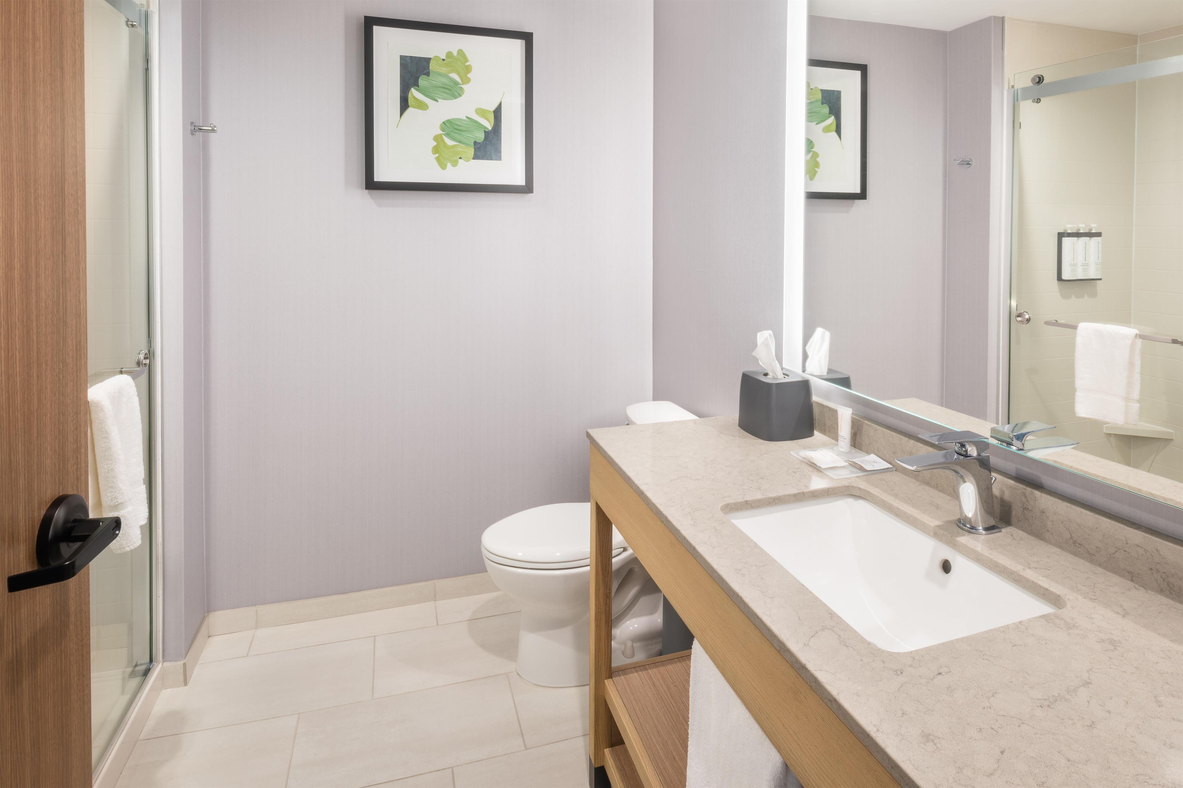 Un baño moderno con cabina de ducha de vidrio, inodoro blanco, lavabo con encimera de mármol y espejo con una obra de arte enmarcada.