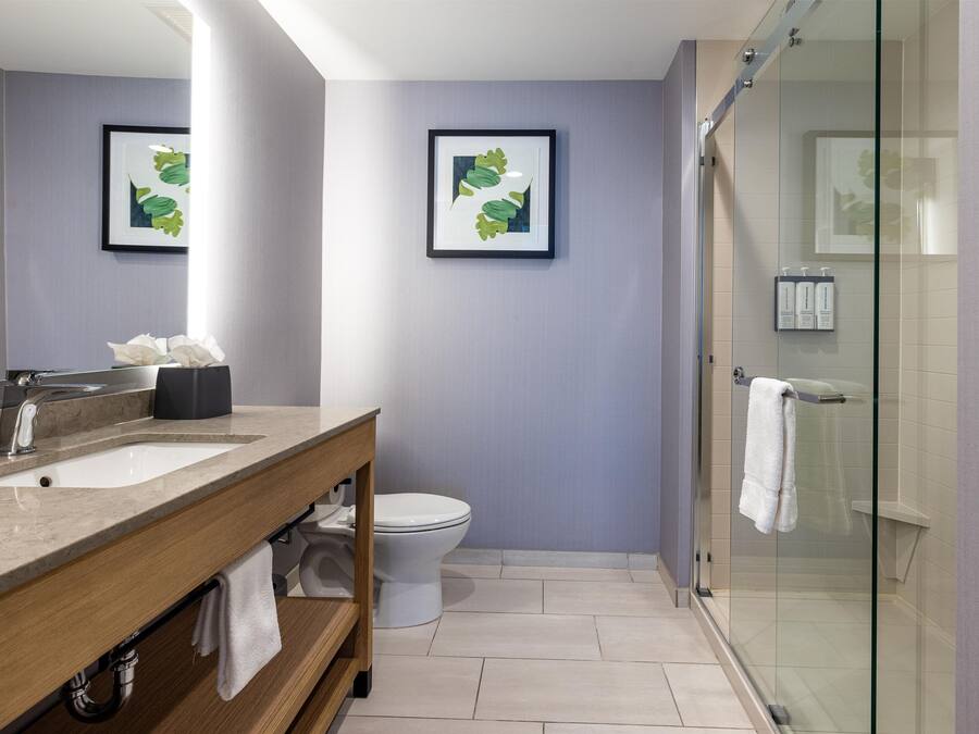 A modern bathroom with a dual sink vanity, a toilet, and a glass shower enclosure.