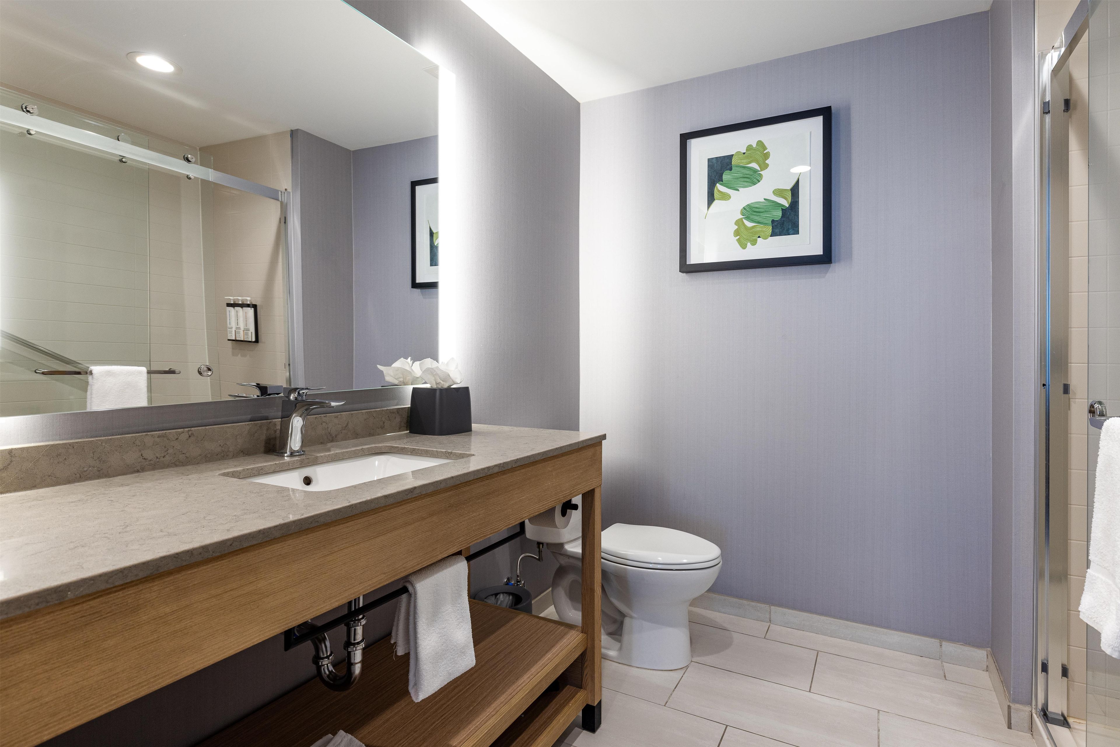 Un bagno moderno con uno specchio grande, un lavandino, un water e una cabina doccia.