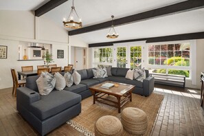 Smart TV, fireplace, foosball, books