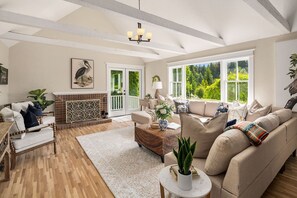 Smart TV, fireplace, foosball, books