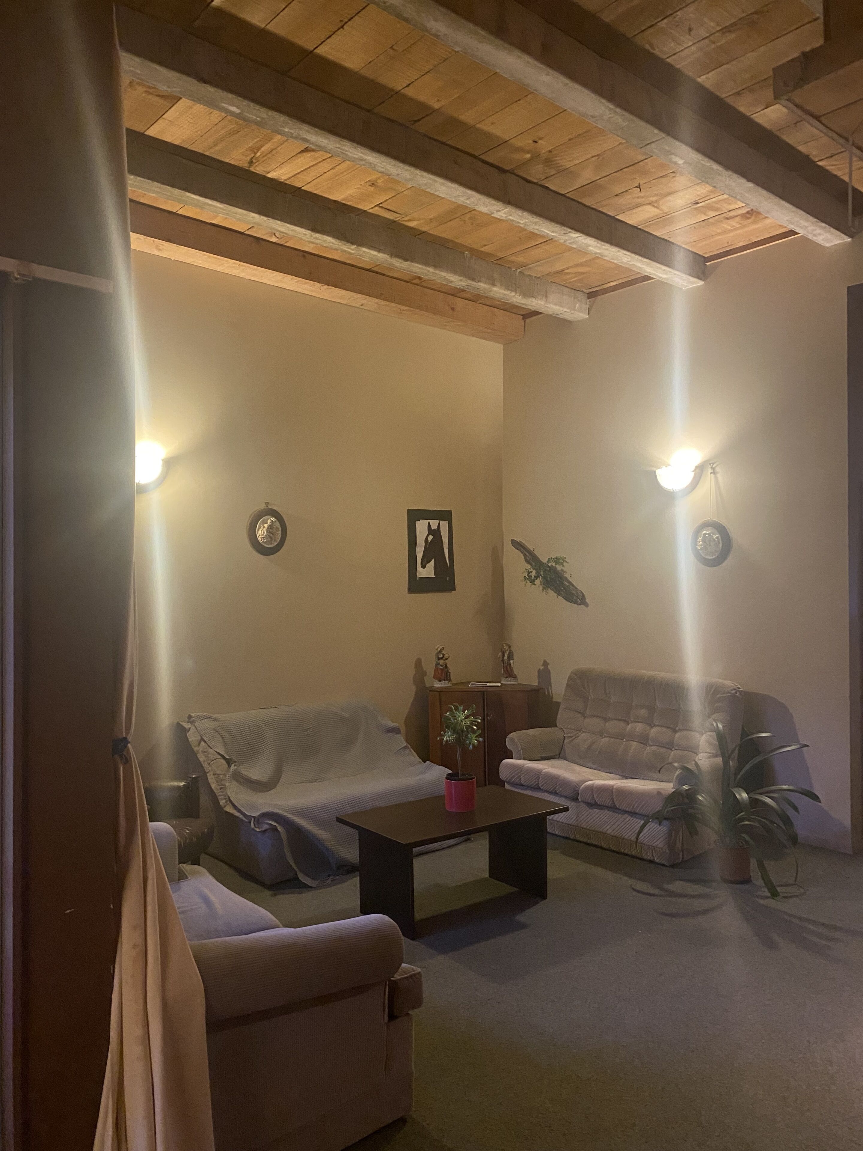 Un salon chaleureux avec deux canapés, une table basse et une cheminée.