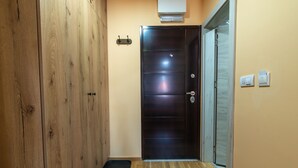 A hallway with a wooden door, a black door, and a light switch on the wall. - Savčić Apartmani (Petrovac)