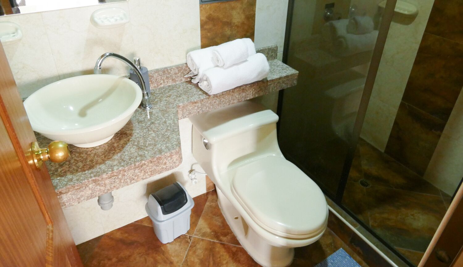 Douche, serviettes fournies, savon, shampoing