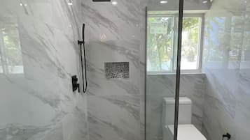 Shower, towels, toilet paper