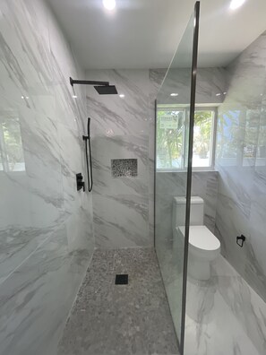 Shower, towels, toilet paper