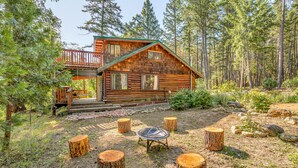 Eine Blockhütte mit einer Terrasse und einem Feuerkorb, umgeben von Baumstümpfen.