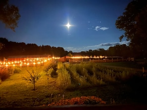 A nighttime landscape with a bright star in the sky, illuminated fields, and a fence.