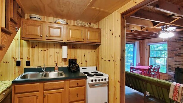 Une cuisine rustique aménagée dans une cabane en bois, avec un poêle, un évier et des placards.