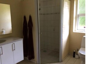 A bathroom with a shower, a toilet, and a window. - Relaxing holiday in quiet surroundings (Frederikshavn)
