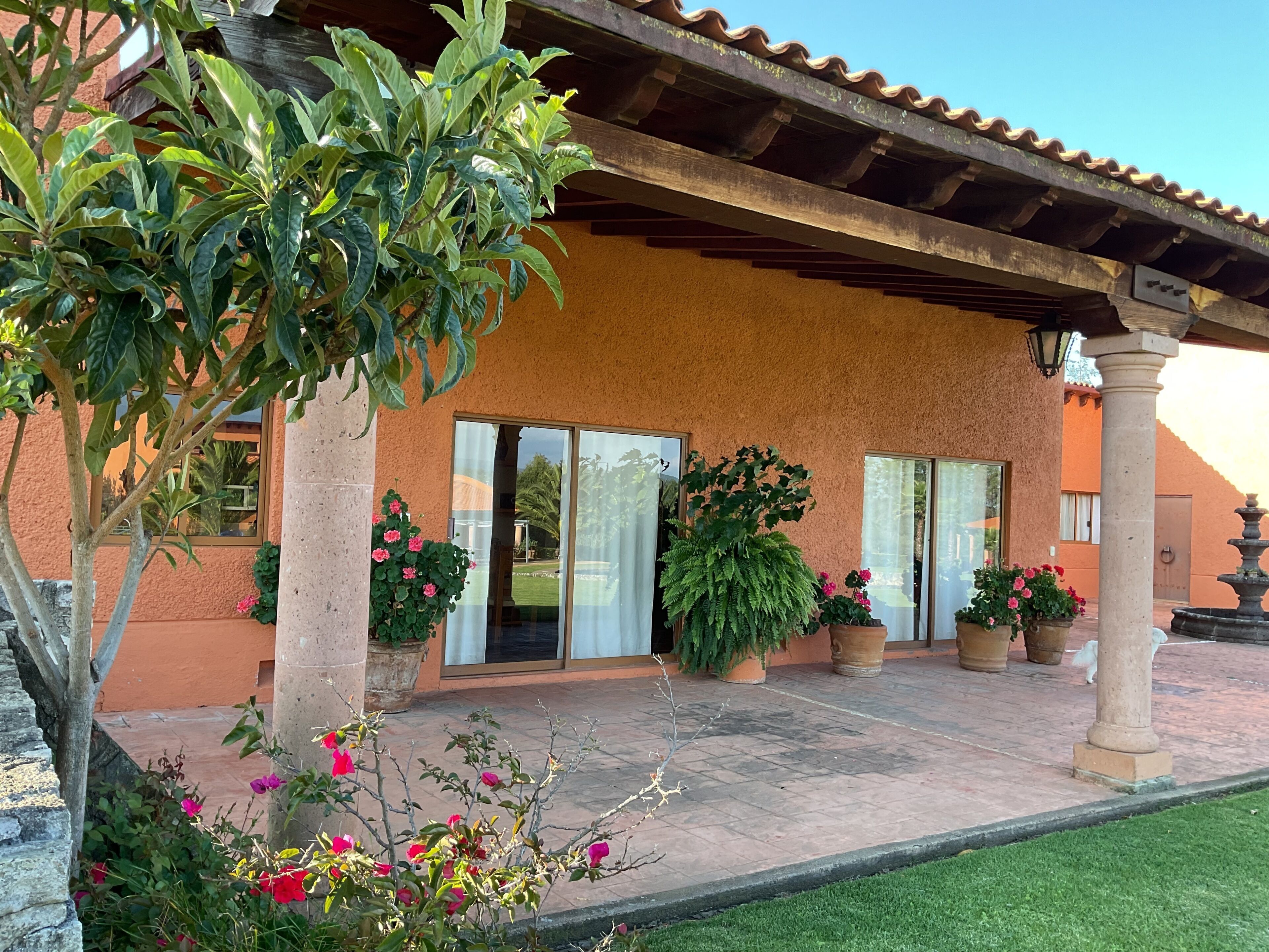A building with a tiled roof, large windows, and potted plants.