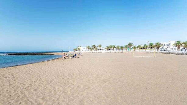 Une plage avec un ciel dégagé, des palmiers et un bâtiment en arrière-plan.