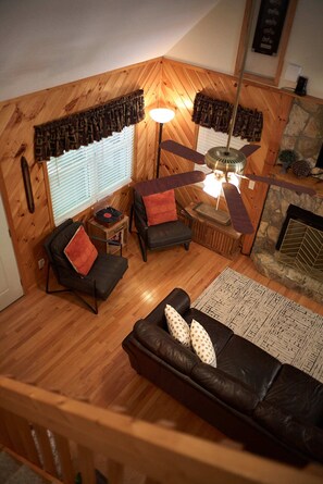 Smart TV, chimenea, libros y biblioteca musical