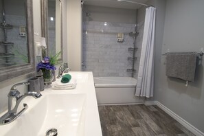 Hair dryer, towels, soap, shampoo