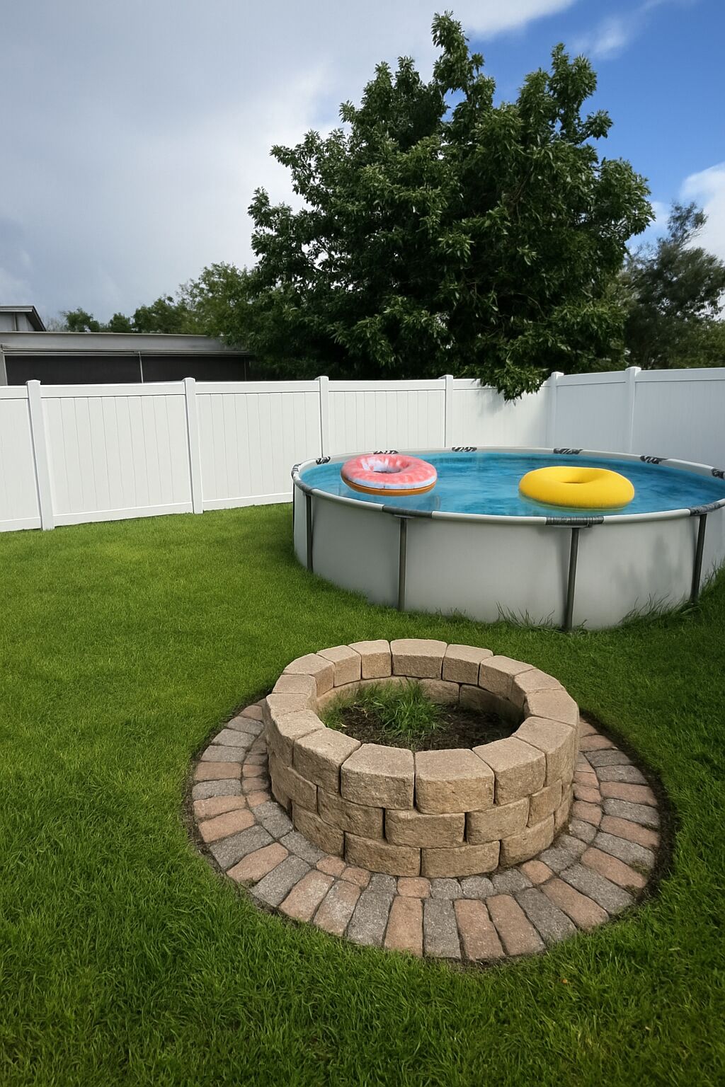 A backyard with a swimming pool, two inflatable rings, and a brick fire pit.