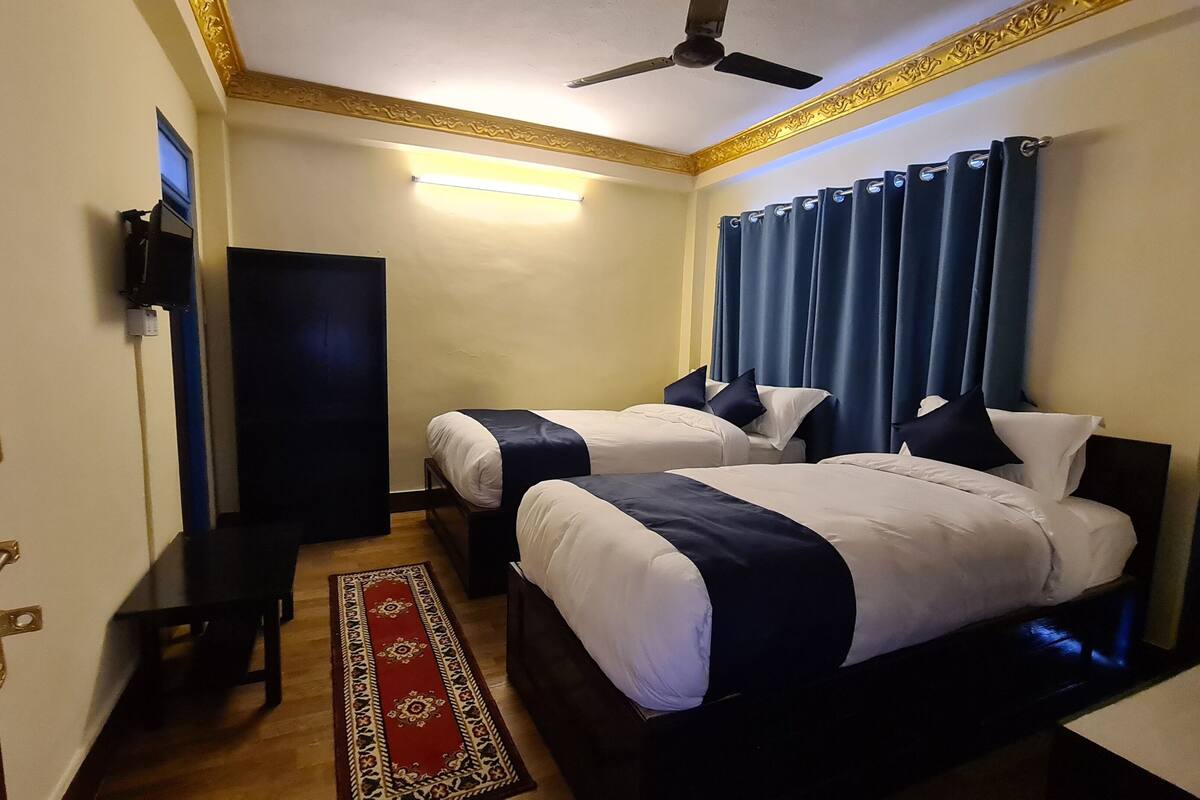 A hotel room with two beds, a ceiling fan, a TV, and a red carpet.