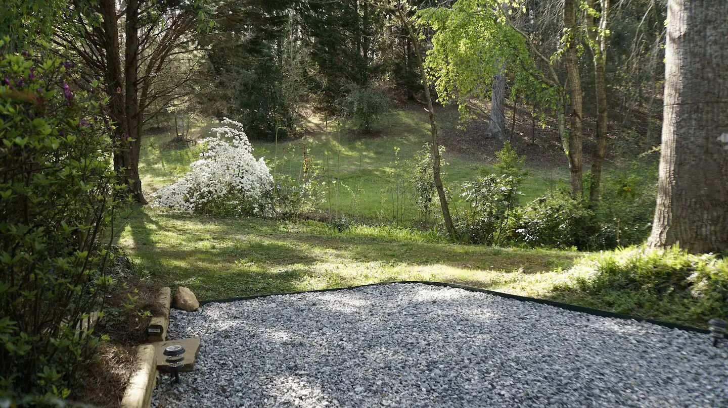Un sendero de grava que serpentea por un área boscosa, con un banco de madera y un arbusto de flores blancas.