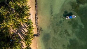 Vista aérea de una playa con agua cristalina, palmeras y un barco pequeño.