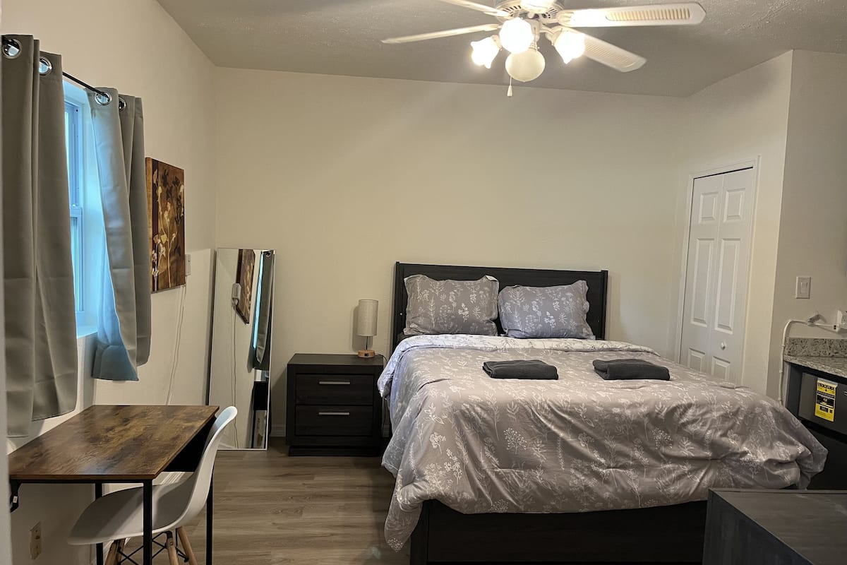 Basic Studio, 1 Queen Bed, Non Smoking, Refrigerator & Microwave (Private Entrance) | Down comforters, desk, laptop workspace, iron/ironing board