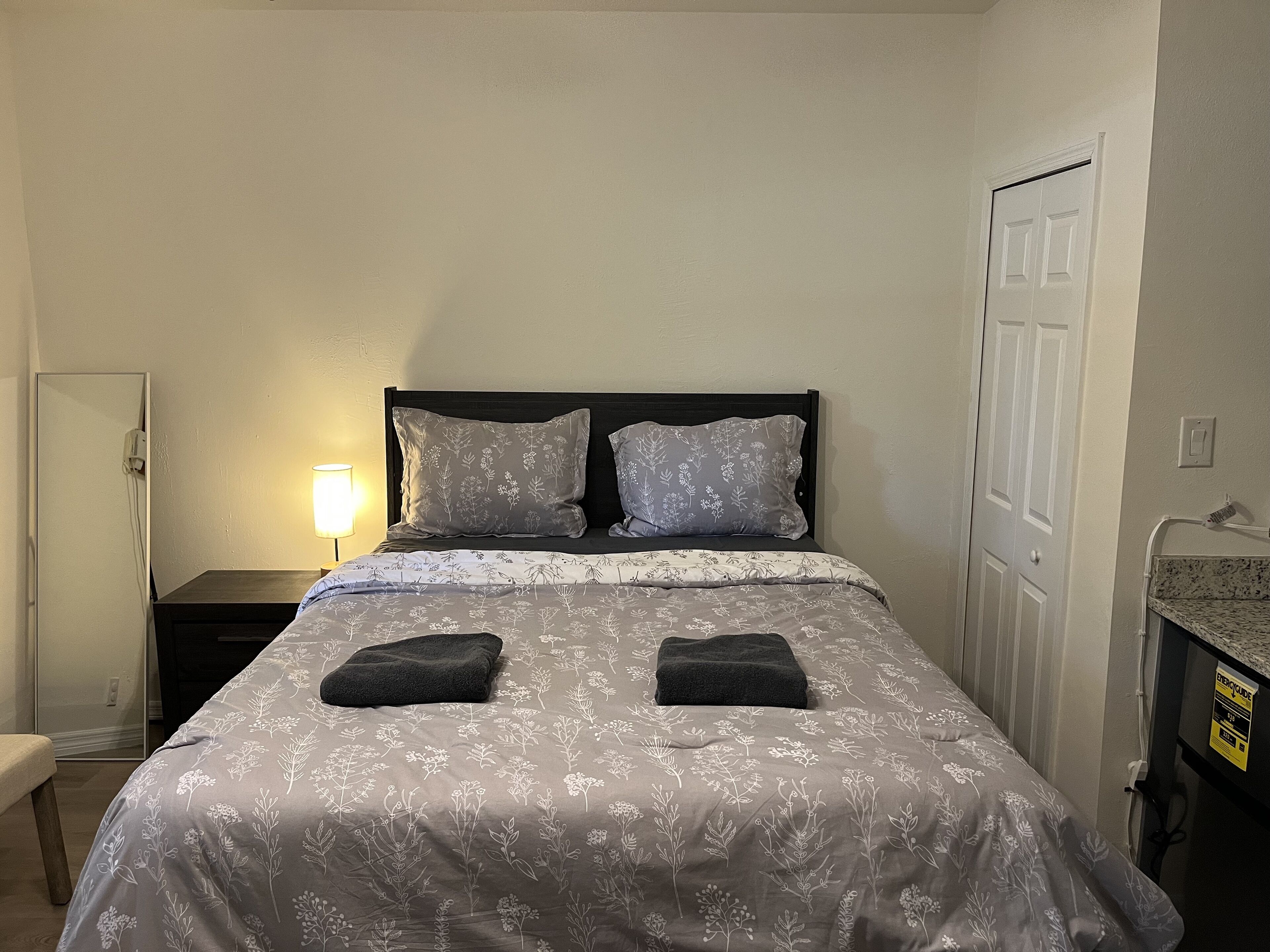 Estudio básico, 1 cama de matrimonio, no fumadores, frigorífico y microondas (Private Entrance) | Edredones de plumas, escritorio, espacio para trabajar con un portátil. ZenHomes in Brandon near Tampa & Valrico