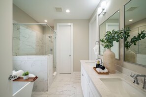 Hair dryer, towels, soap, shampoo